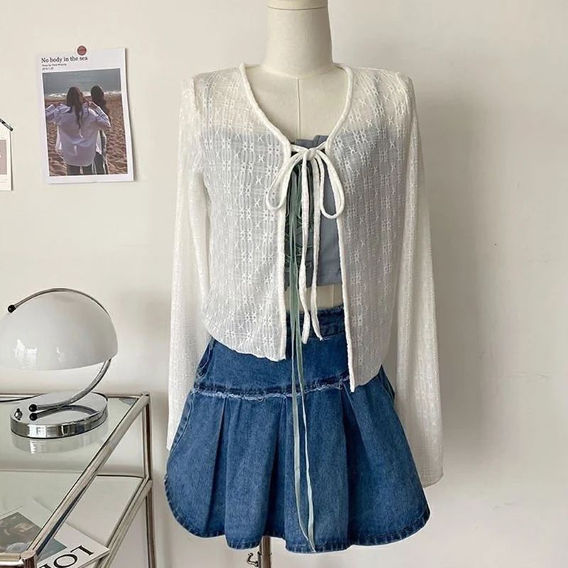 White Tie Up Summer Cardigan Women Sexy Long Sleeve Sheer Mesh Crop Tops Woman Chic All Match Short Printed T Shirt Mujer 251027