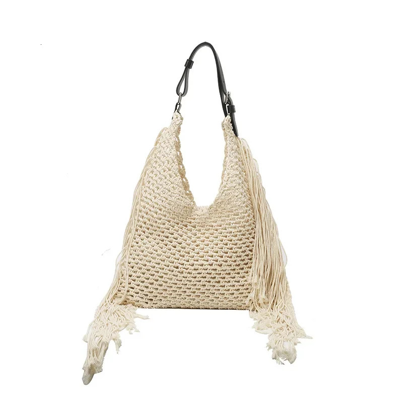 2025 Summer Tassel Shoulder Bags Hollow Out Weaving Tote Bags For Women Beach Vacation Handbags Travel Shoulder Bag 251027