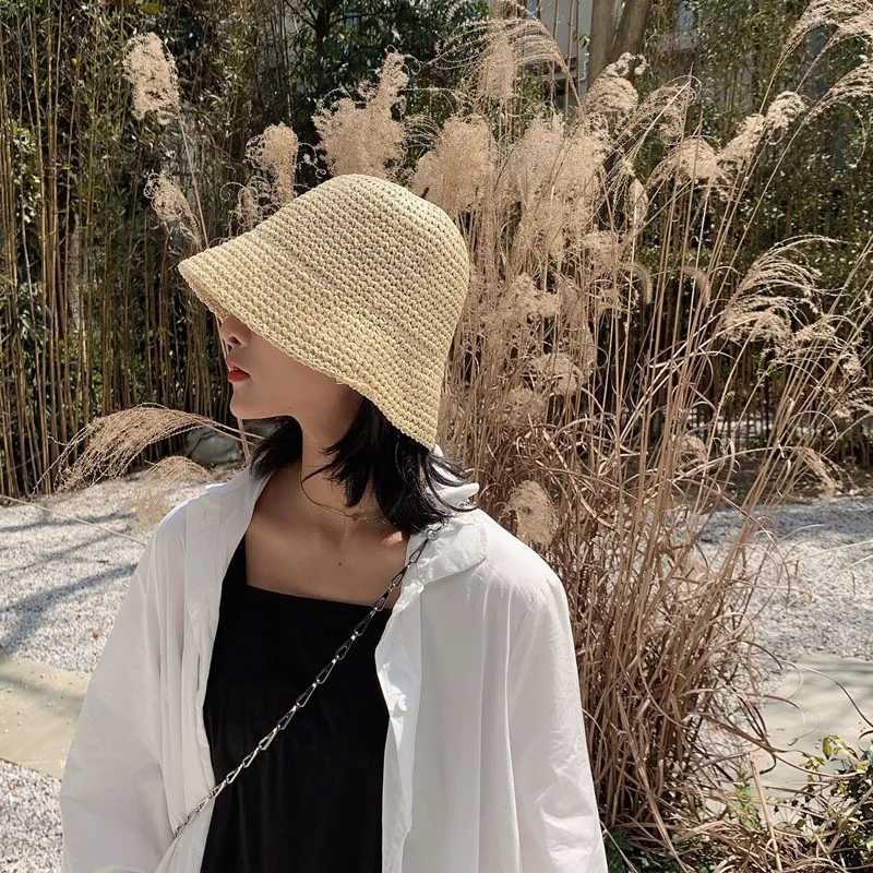 New 2023 Summer New Folding Straw Hat Outdoor Beach Sun Hats for Women Solid Color Bucket Hat Women Goros Caliente Para MujerW251027