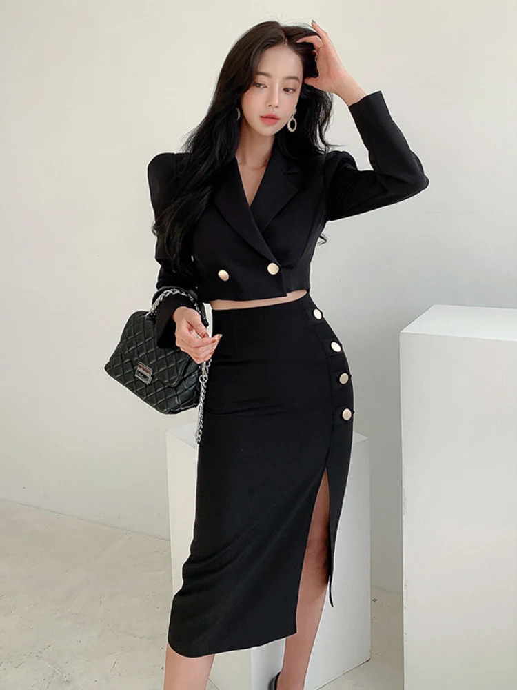 Spring Autumn Black Formal Sexy 2 Piece Outfit Short Set Women Ladies Clothes Cropped Suit Blazer Coat High Waist Slit Skirt 251023