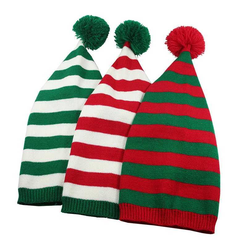 Adult Christmas Knitted Hat Elf Santa Beanies Santa Claus Red Green Striped Knitted Crochet Hat Merry Christmas Happy New YearW251027