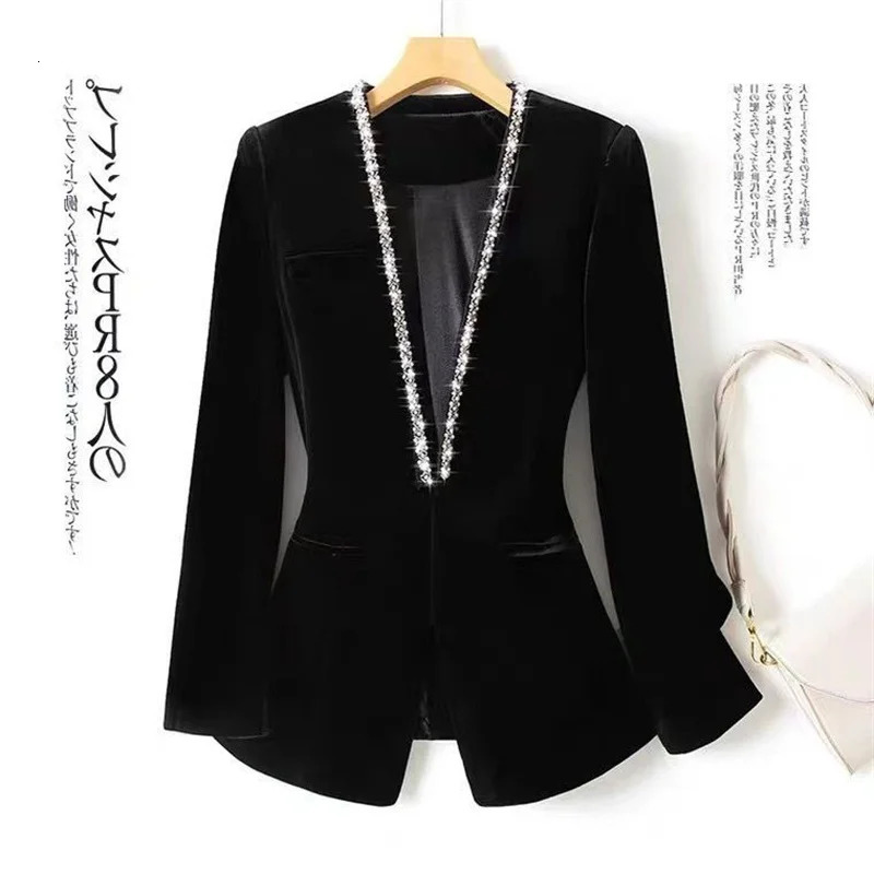 Gold velvet beaded Women Blazer Korean Fashion Autumn Long Sleeve Office Work Blazers Lady Jackets Coat Female Tops 251027