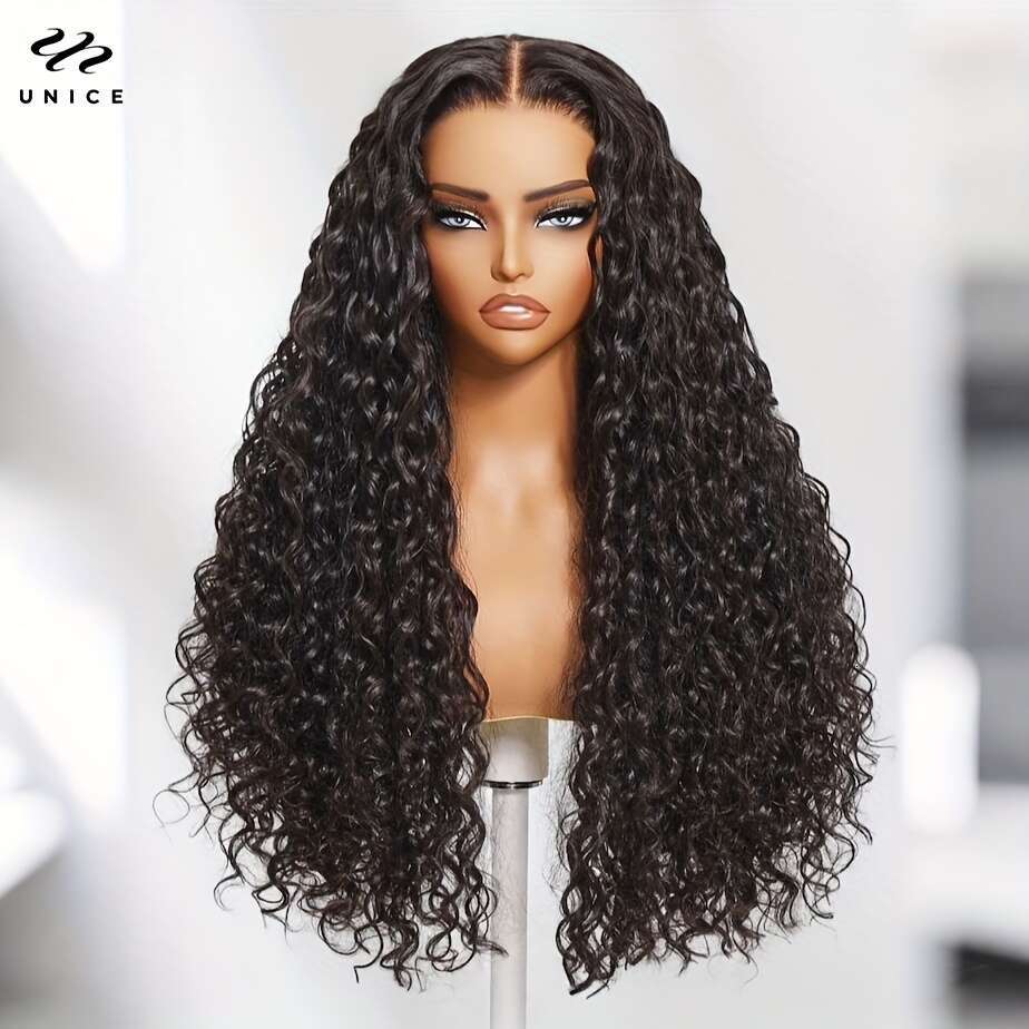 UNICE Bye Knots Water Wave 7X5 Lace Front Wigs With Elastic Drawstring Glueless Human Hair Plucked Pre Cut Bleached Knots, Protective Hairstyle, Natur