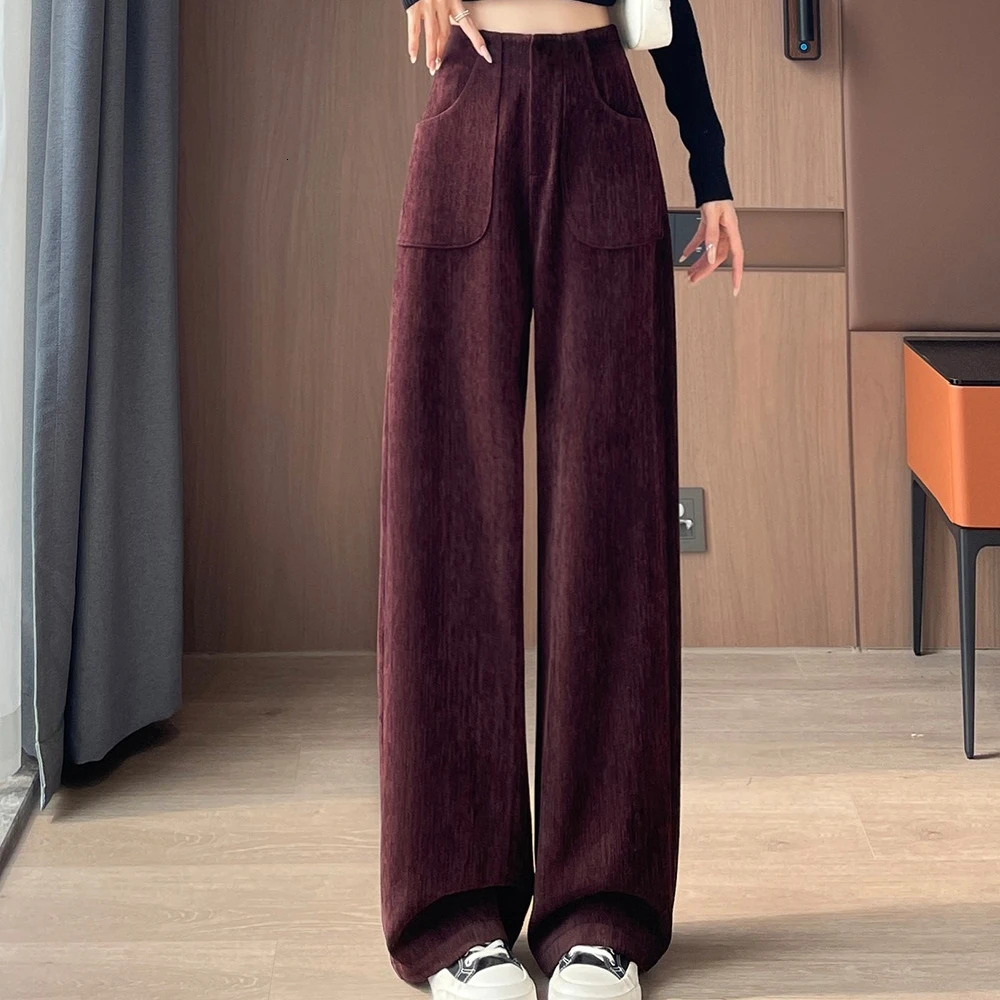 Autumn Winter High Waist Vintage Corduroy Womens Wide Leg Pants Pockets Korean Casual Loose Full LengthTrousers Female 251027