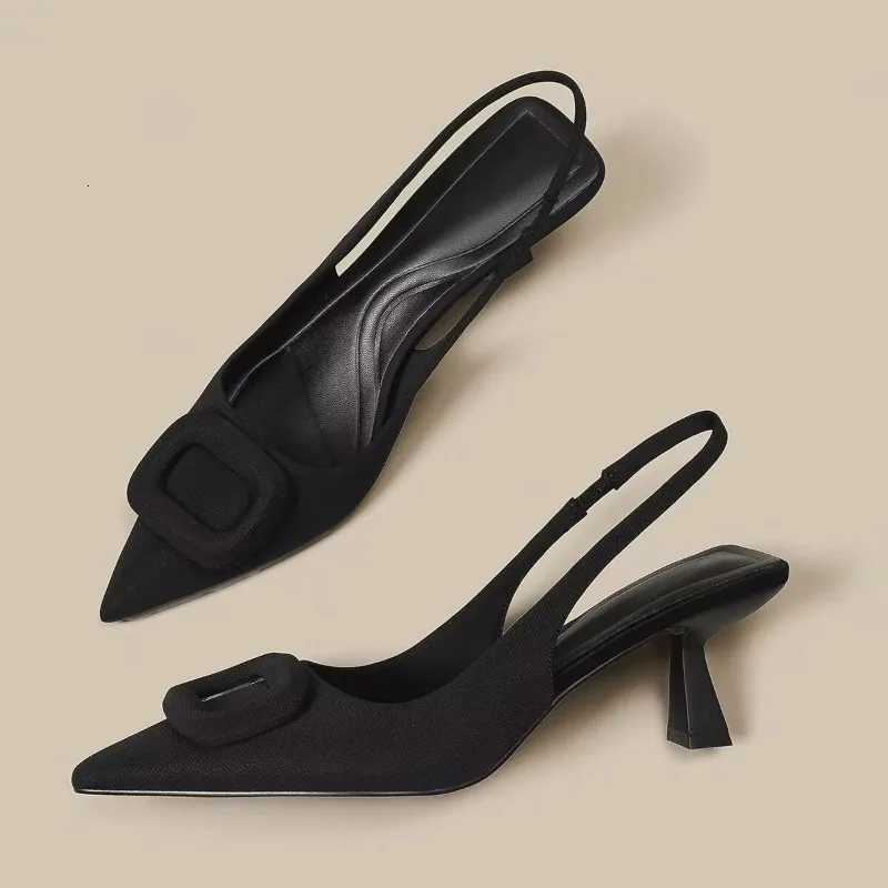 Brand Woman Slingback Shoes Fi 2024 Spring New Ladies High Heels Elegant Med Heel Pointed Toe Slip Sandal MulesXJ251027