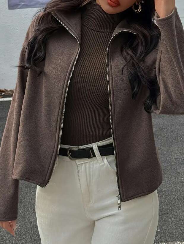 2025 Women's Autumn Winter New Street Style Fashion Casual Coat Simple Solid Color Woolen Jacket f9da