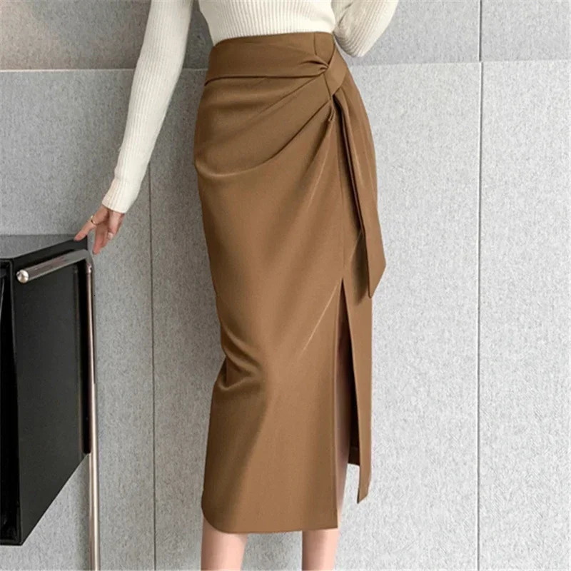 Seoulish Retro High Waist Mid Length Pencil Skirts for Women Autumn Office Lady Solid Color Wrapped Womens 251027