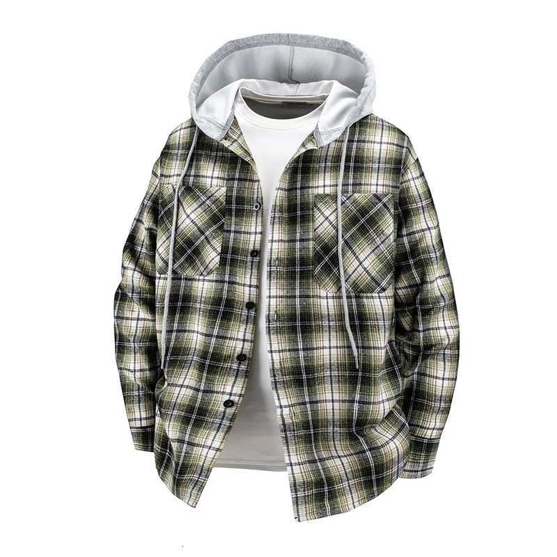 Hooded mens and womens wearable plaid shirts Japanese shirt jackets for spring and fall loosefitting longsleeve jackets W251027