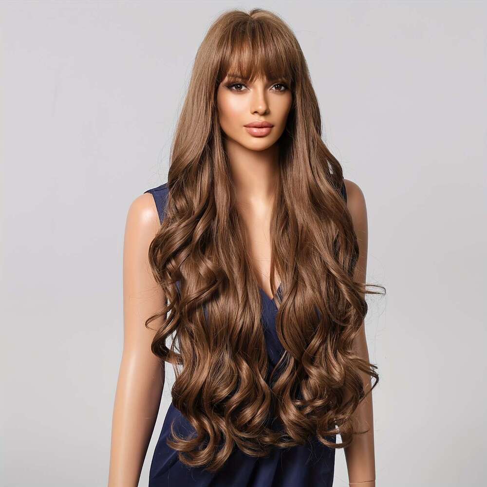 Chic Brown Long Curly Wig For Women - Matte Finish, High-Density Synthetic Hair With Rose Net Cap