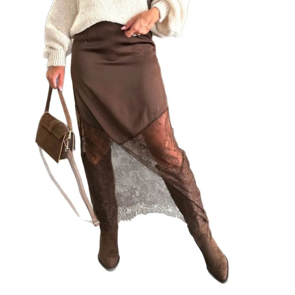 Elegant MidLength Lace Patchwork Womens Skirt Bodycon Mini Dress CrossBorder Autumn Winter Street Style Pure Color Trend 251027