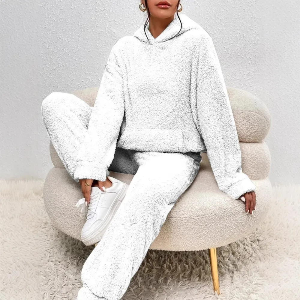 Autumn Winter Plush Hooded Sweatshirt Trousers 2 Piece Set Womens Fashion Pocket Warm Casual Home Clothing Hoodie Suit 251027
