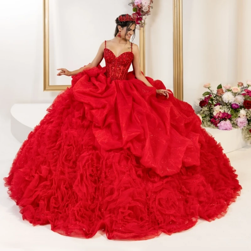 Light Champagne Shiny Quinceanera Dresses Spaghetti Strap Sequin Gold Applique Lace Beading Crystal Corset Tull Party Birthday Sweet 16 Vestidos 15 De