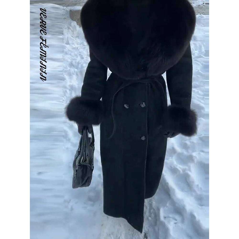 Women's Winter Coat Lapel Button Slim Faux Fur Spliced Woolen Overcoat Autumn 2025 With Belt Long Jackets Office Lady Outerwears