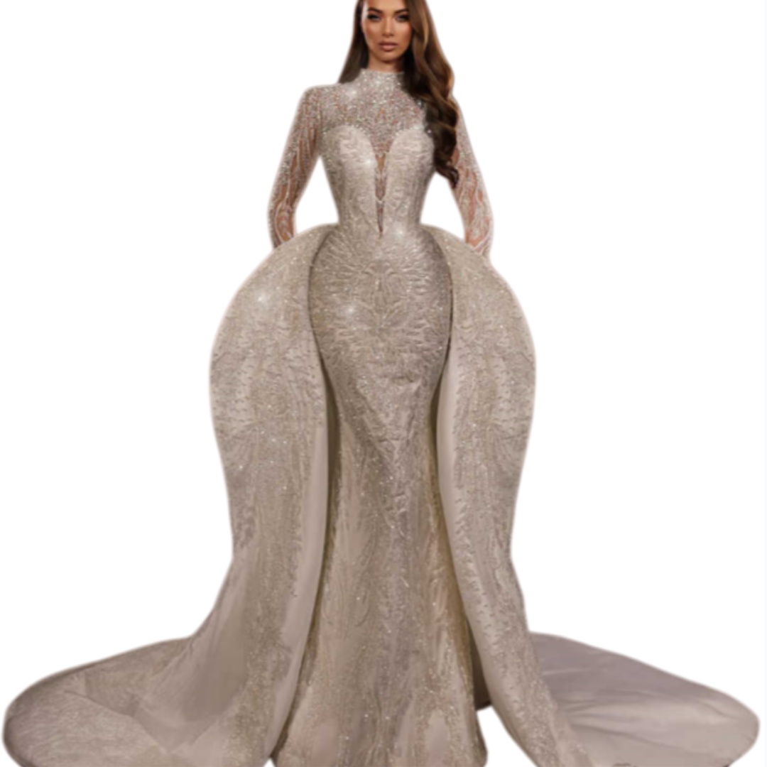 Modern Mermaid Wedding Dress High-Neck Bridal Shine Sequin Gowns Dress Appliques 3D-Lace Vestina De Novia Plus Size Customized L252805