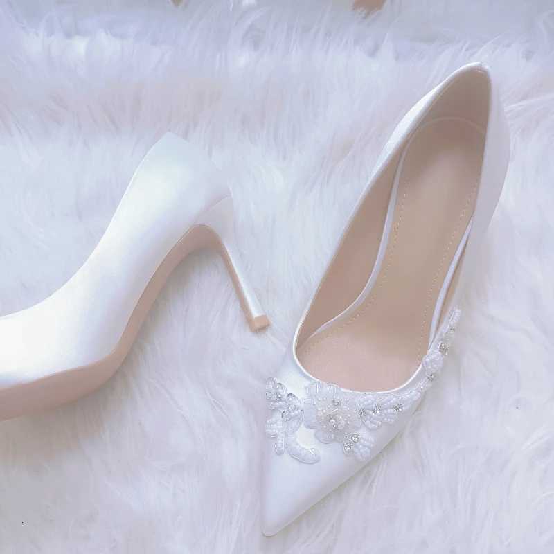 White wedding shoes for women new flower pearl fine heel pointed high heels bridal shoes wedding shoesXJ251027