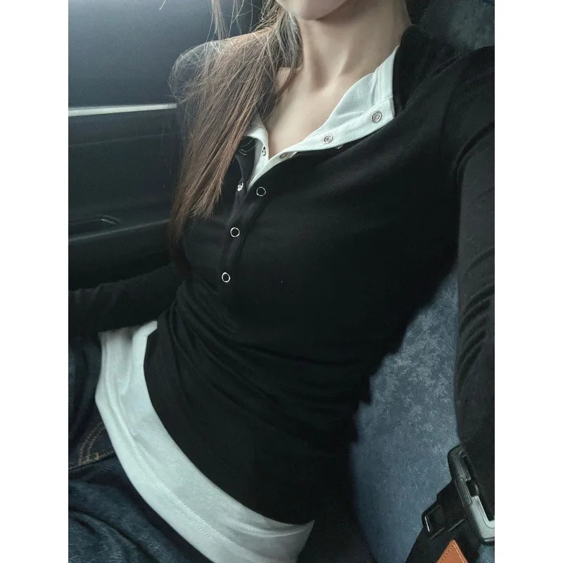 Womens Spring Autumn Long Sleeve TShirt Wear Base Shirt Spicy Girl Retro Twopiece Vneck Longsleeved Tshirt 251027