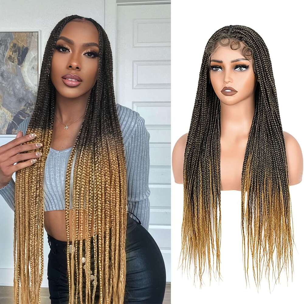 QUEENTAS 360° HD Front Braided - Knotless Box Braid Wig With Light Brown & Blonde Highlights, 28 Inch Full Lace Front, Density, Natural Look For Women