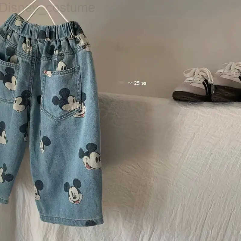 Disney 2025 Summer New Childrens Jeans Baby Boys Girl Cartoon Mickey Mouse Printed Denim Pants Kids Clothes Casual Thin Loose Trousers H251027