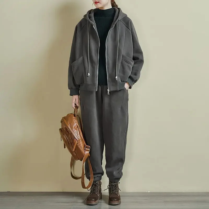 Women Clothing Sets Zipper HoodiesHarem Pants 2Pcs Suit Solid Color Autumn Winter Fleece Thicken Warm Female Casual Tracksuit 251027