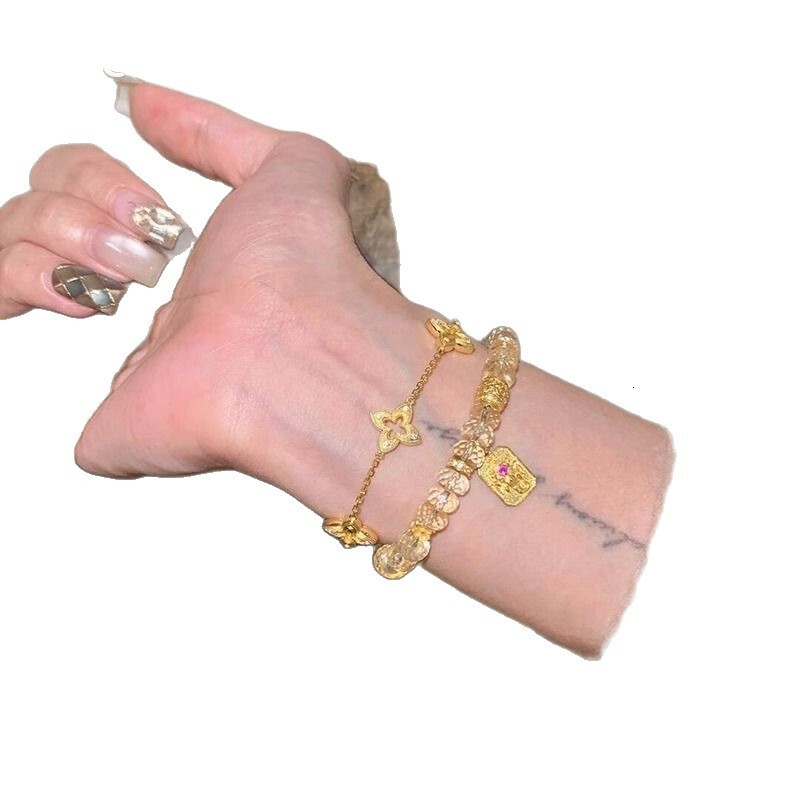 Eight Directions Wealth Vintage Cloth Style Hollow Out Dia Four-Pointed Star Bracelet for Women, Light Thousand Gold Feel Layered Jewelry Z260313