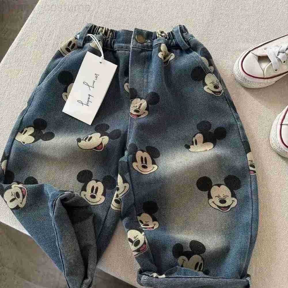 Disney Baby Boys Girls Denim Pants Cartton Mickey Print Versatile Casual Straight Jeans Spring Autumn Childrens Loose Trousers H251027