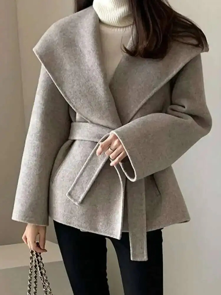 EWQ Big Turndown Collar Long Sleeve Doublefaced Cashmere Coat Laceup Chic Women Winter Woolen Coats Autumn 16O2400 251027