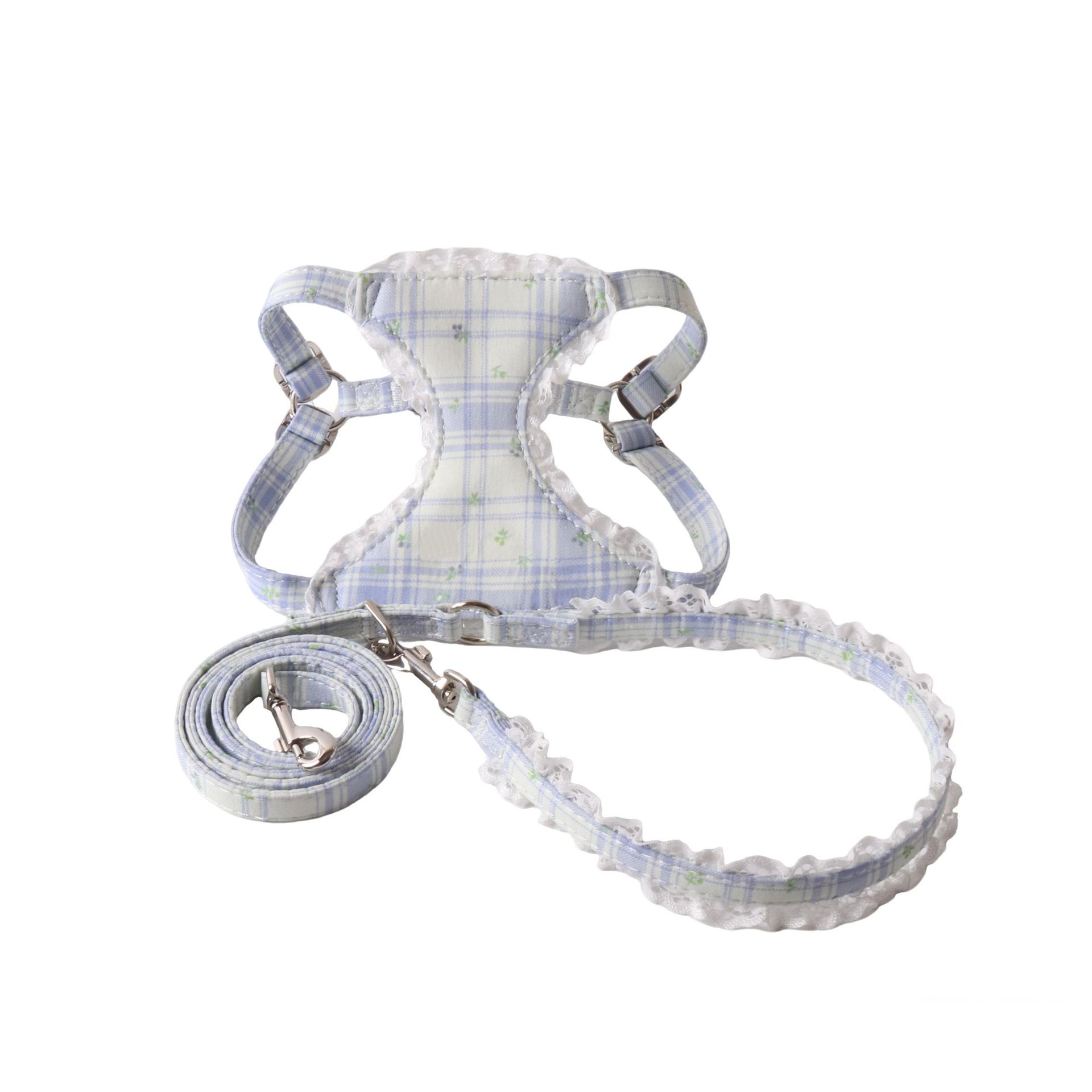Vintage Plaid Lace Dog Harness and Leash Set, Adjustable Elegant Pet Vest Harness ,Breathable Outdoor Walking Pet Supplies for Small Medium Dogs B156