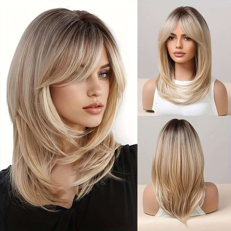 18-Inch Blonde Layered Wig With Bangs - Chic Women's Curly Wave Synthetic Hair, Dark Roots, Rose Net Cap, High-Temperature Fiber