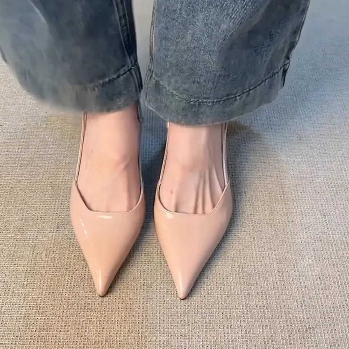 French Elegant Nude High Heels Womens 2025 New Patent Leather Pointed Toe Versatile Slip Outdoor Atmosphere Head Cover ShoesXJ251027