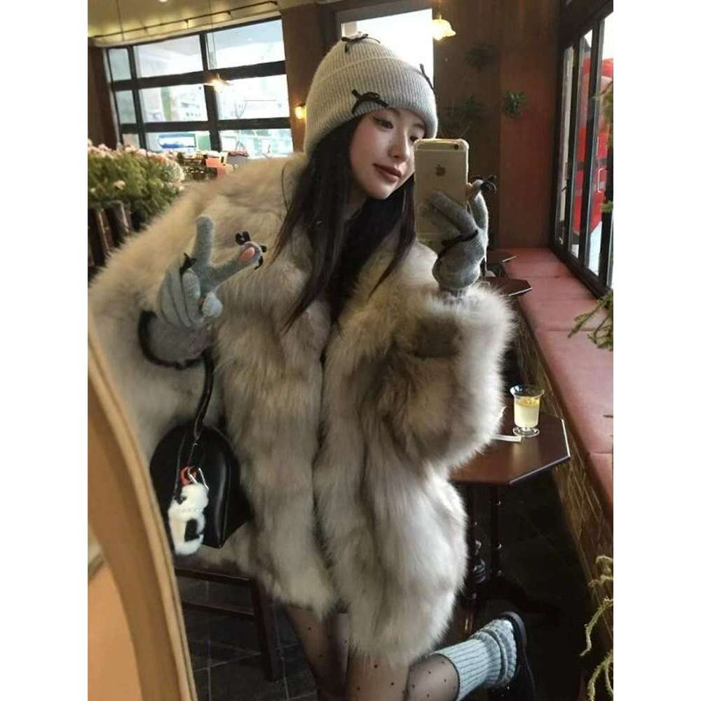 Winter Fox Coat Women, EcoFriendly for MidLength Loose Thickened Fur Integrated Plush Jacket Women,