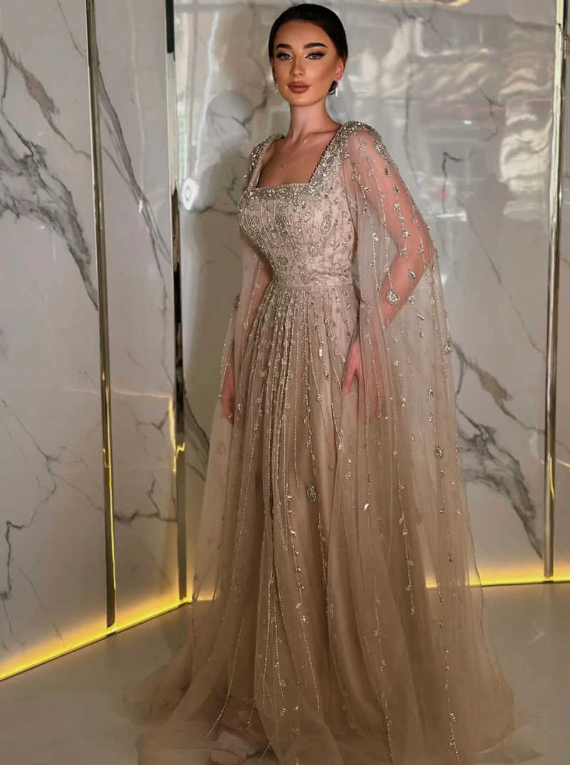 Modern A-Line Evening Dress Shawl Sleeve Prom Gowns Boat Neck Beads 3D-Lace Sexy Prom Dress vestidos de novia Size Customized Robes De Mariee L252815