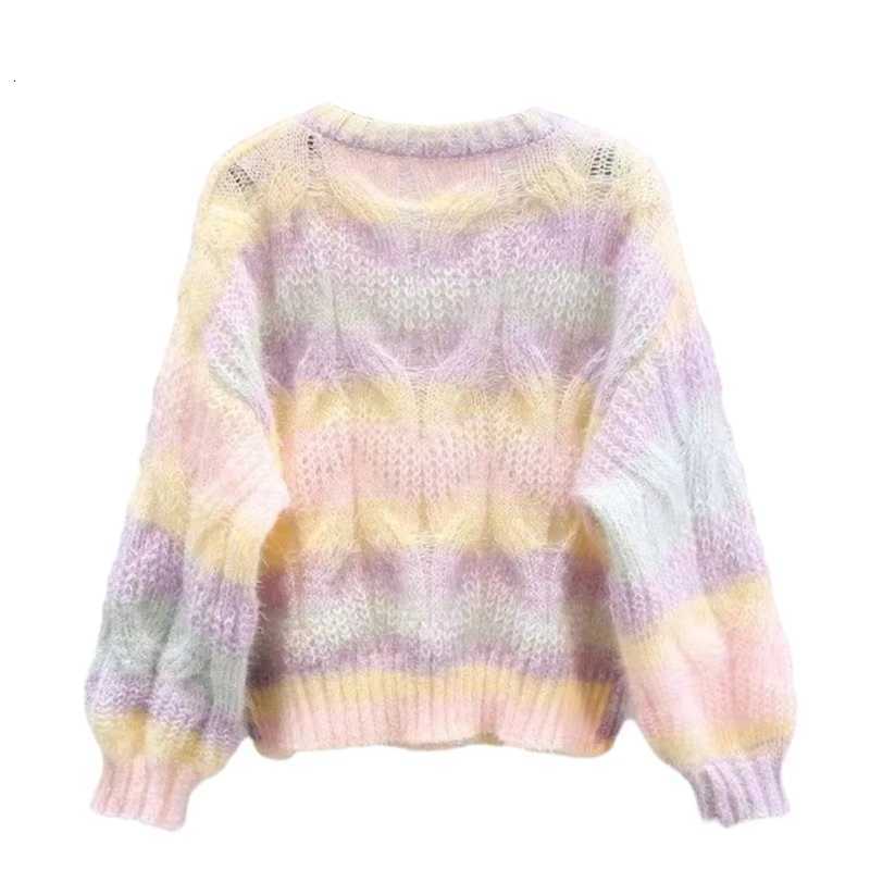 Womens Harajuku Pink Rainbow Striped Hollow Cable Knit Thick Sweater Long Sleeve Round Neck Knitwear Pullover Jumper TopT251027