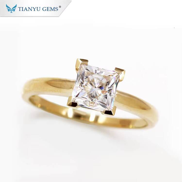 Tianyu Gems 6x6mm Princess Cut Moissanite Ring 12ct square Shape Gemstone Solitaire Rings Women 18k 14k 10k Yellow Gold Jewelry