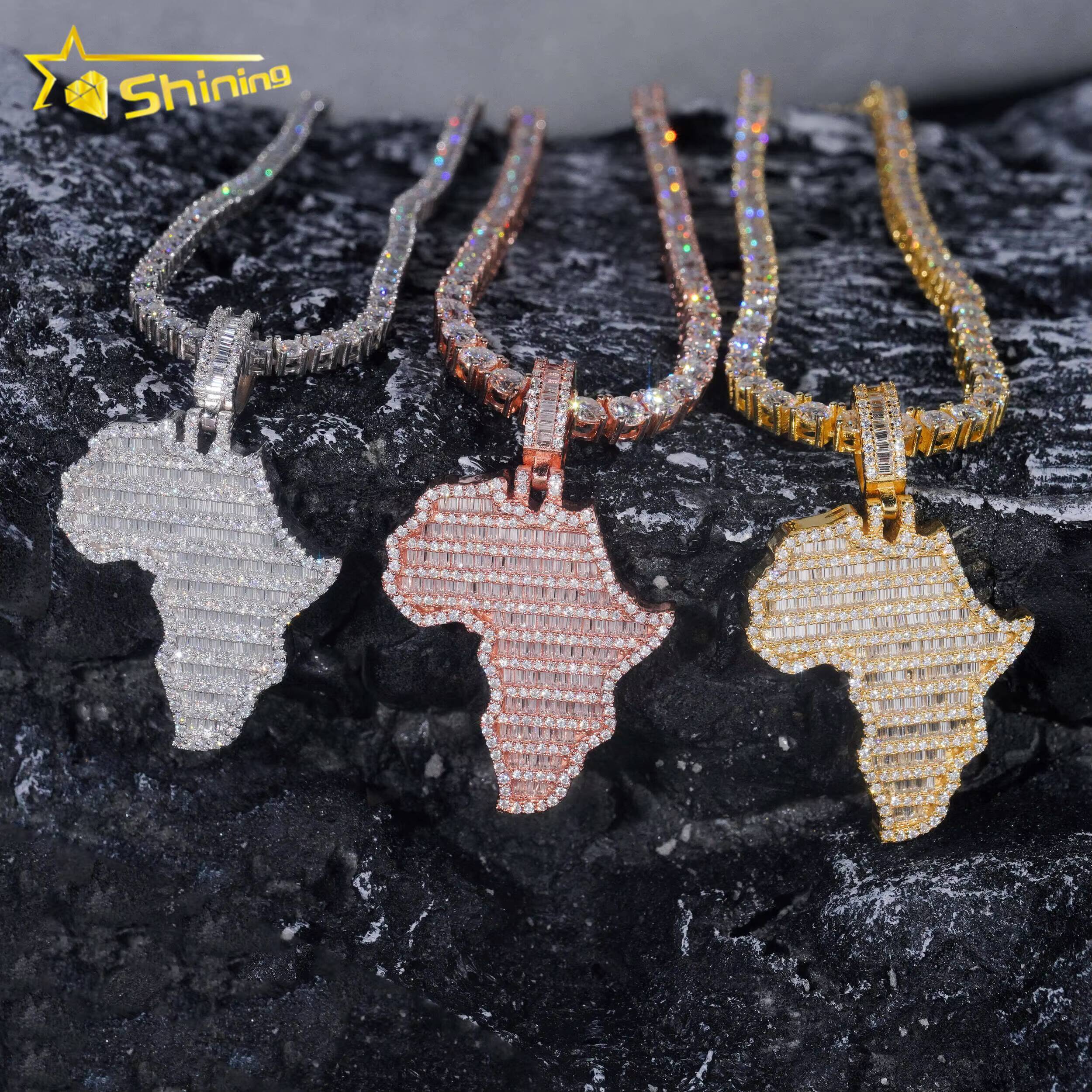 Map Moissanite Pendant 925 Sterling Silver VVS Moissanite Pendant Iced Out Diamond Charms Necklace Fine Jewelry Fast Ship