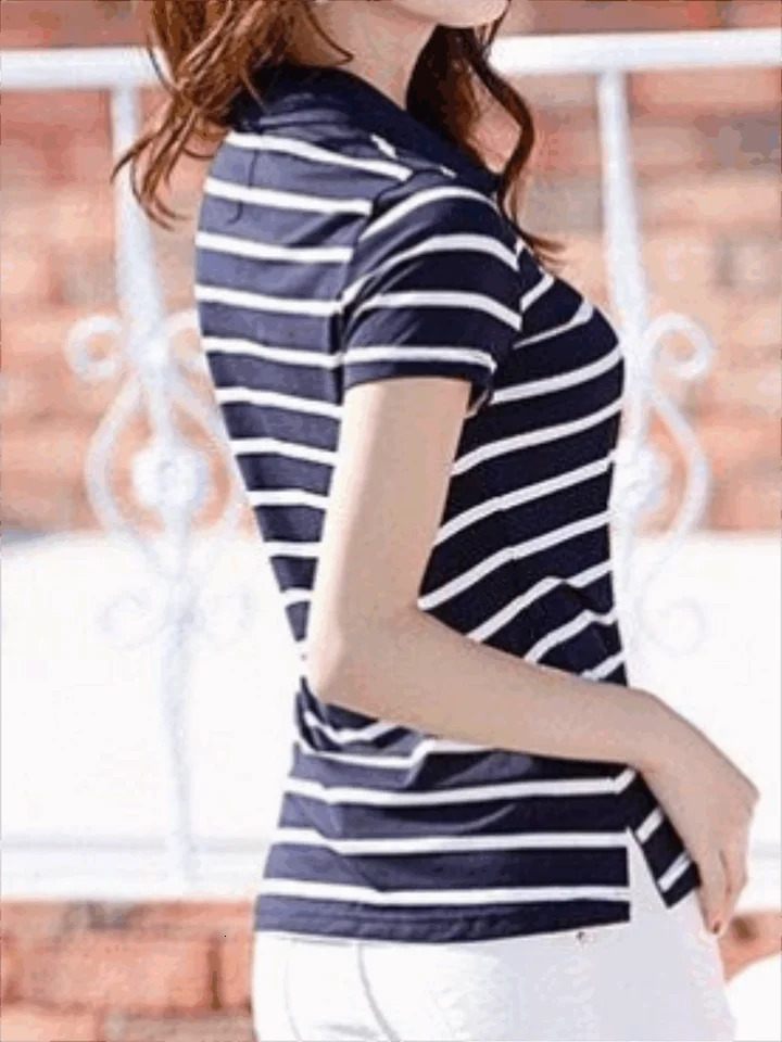 Striped Print Turn Down Collar TshirtRegular Fit Casual Short Sleeve Pullover Tshirt For Spring Fall Womens Clothing 251027