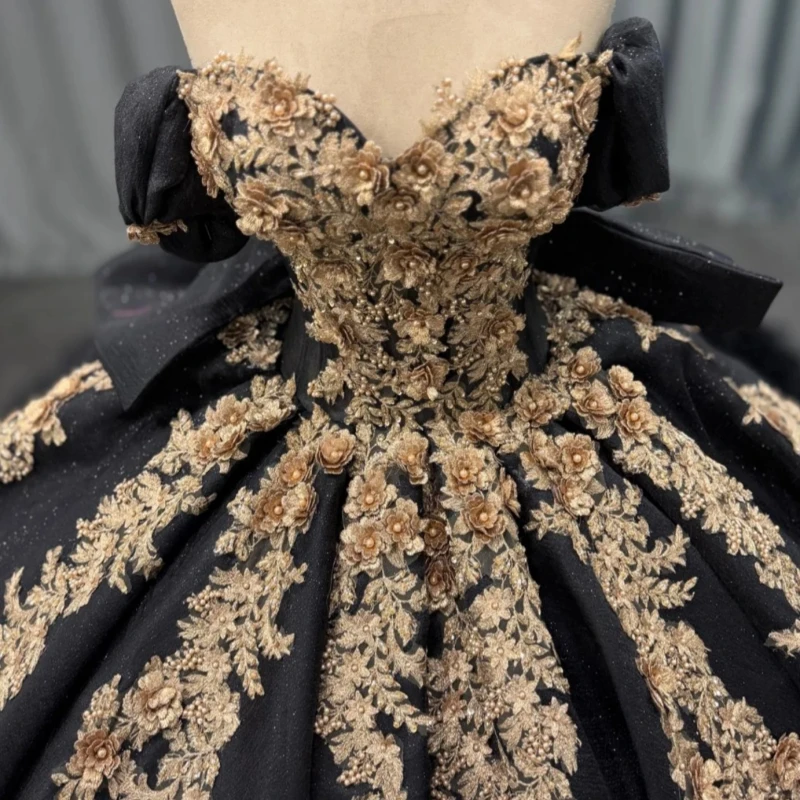 Black Quinceanera Dresses Off The Shoulder Applique Flower Beading Bow Corset Tull Party Birthday Sweet 16 Dress Vestidos 15 De Anos