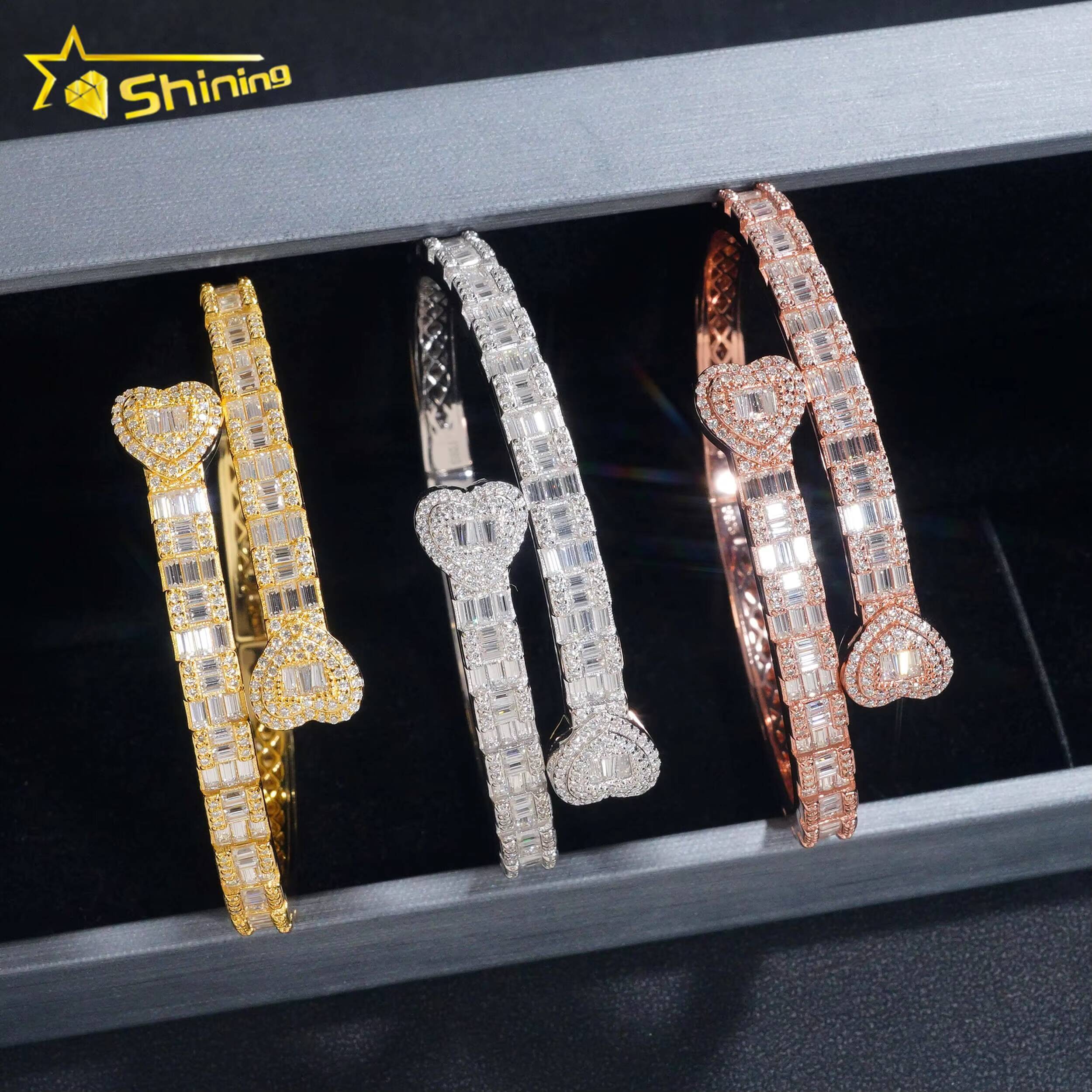 Heart Style Bangle Iced Out Bracelet Moissanite S925 Silver Baguette Moissanite Diamond Bracelet