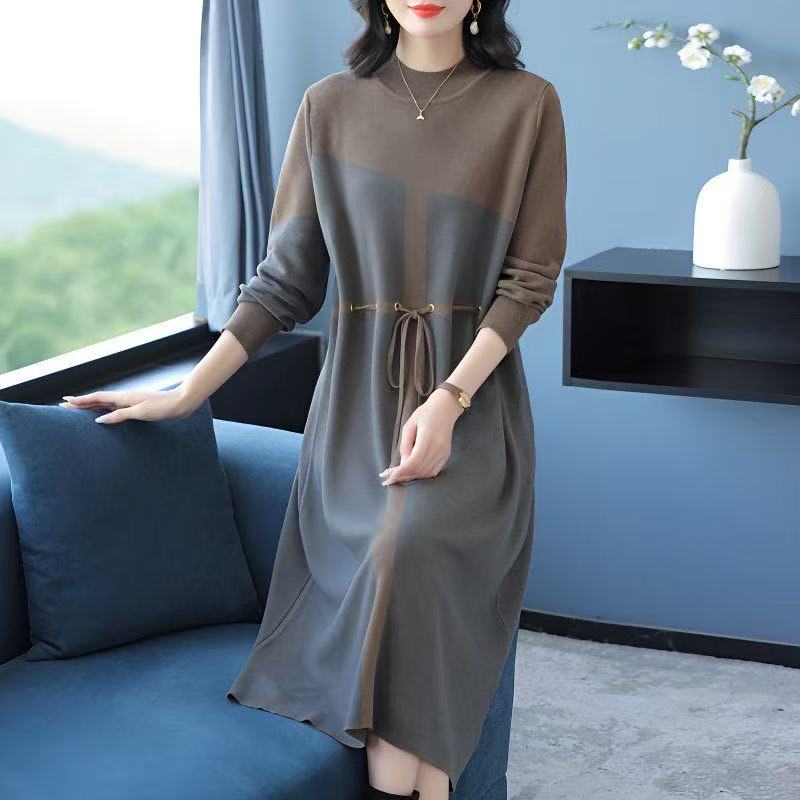 plus size women's new long sleeve high waist printed dress mid-length skirt D02407