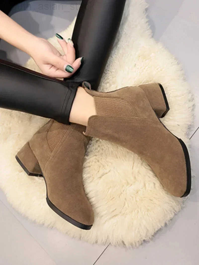 Women Ankle Boots Autumn Winter Boots Slipon Round Toe 35cm Square Heel Solid Casual Black Camel Booties Size 3543 Z251027