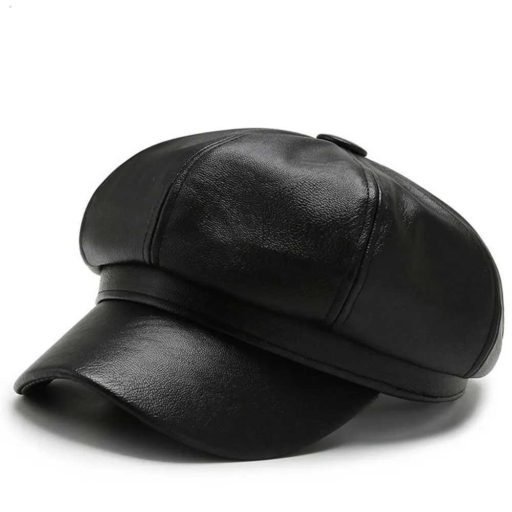 1pc Retro Fashion Womens Pu Leather Octagonal Hat Versatile Autumn And Winter Temperament Big Head Circumference BeretW251027