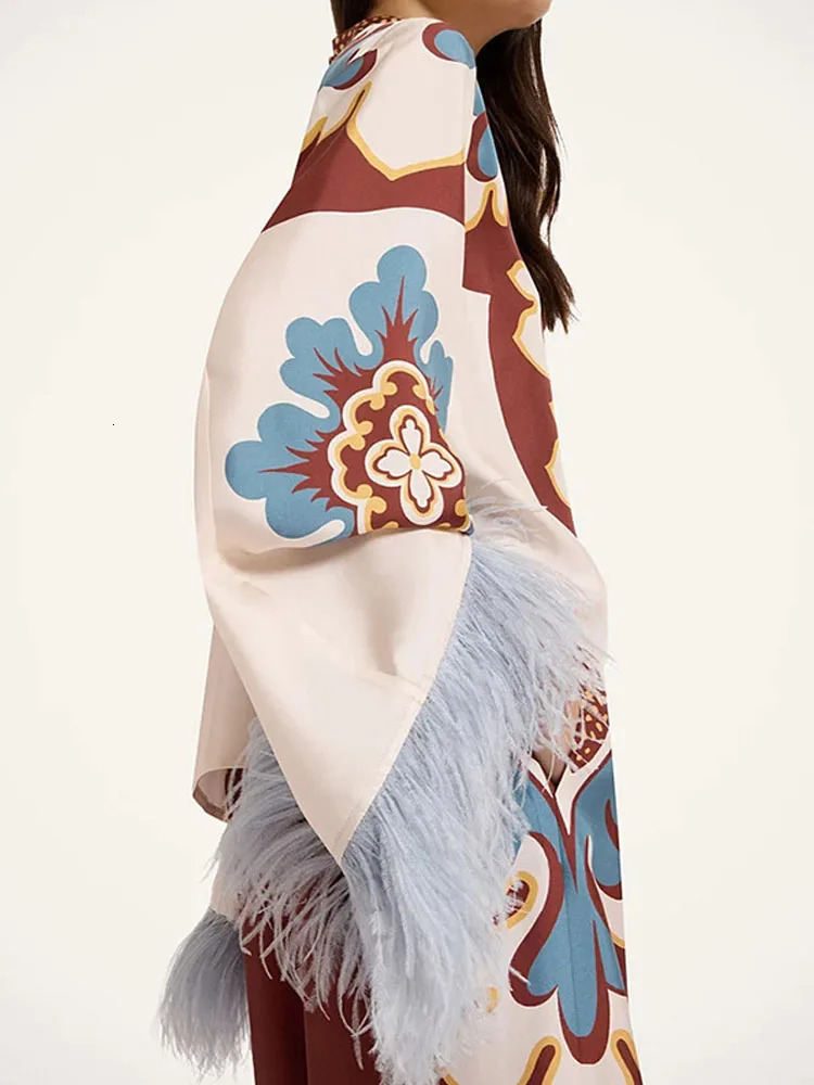 Tassel Splicing Bohemian Holiday Suit Spring Autumn Pattern Printed Loose Outfit Womens Oneck Long sleeved Top and Pants Set 251027