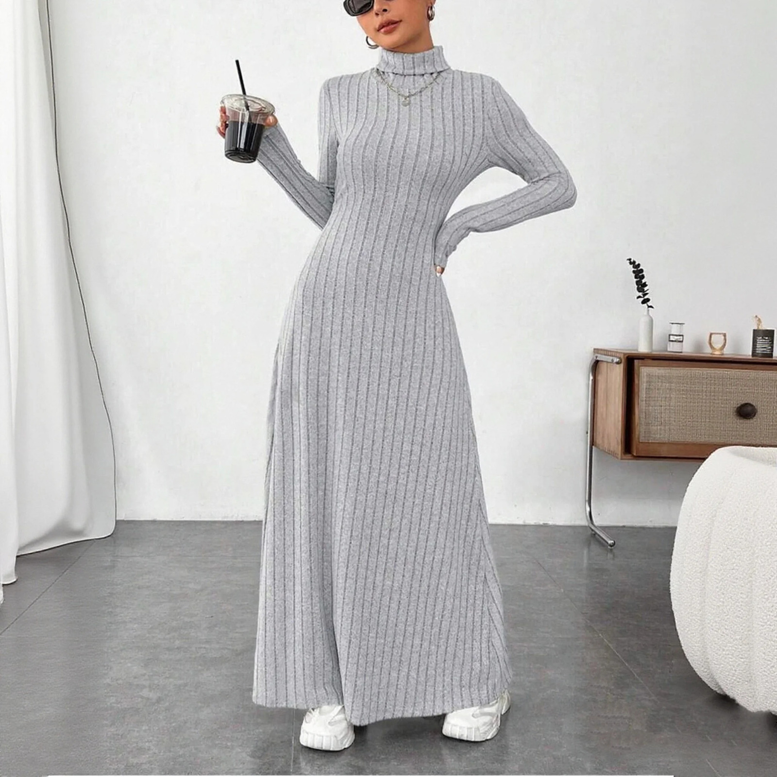 Knitted Elegant Long Sleeve Dress Women Autumn Winter Vintage Dresses Turtleneck Fashion Solid Vestidos Casual Street Y2K 251027