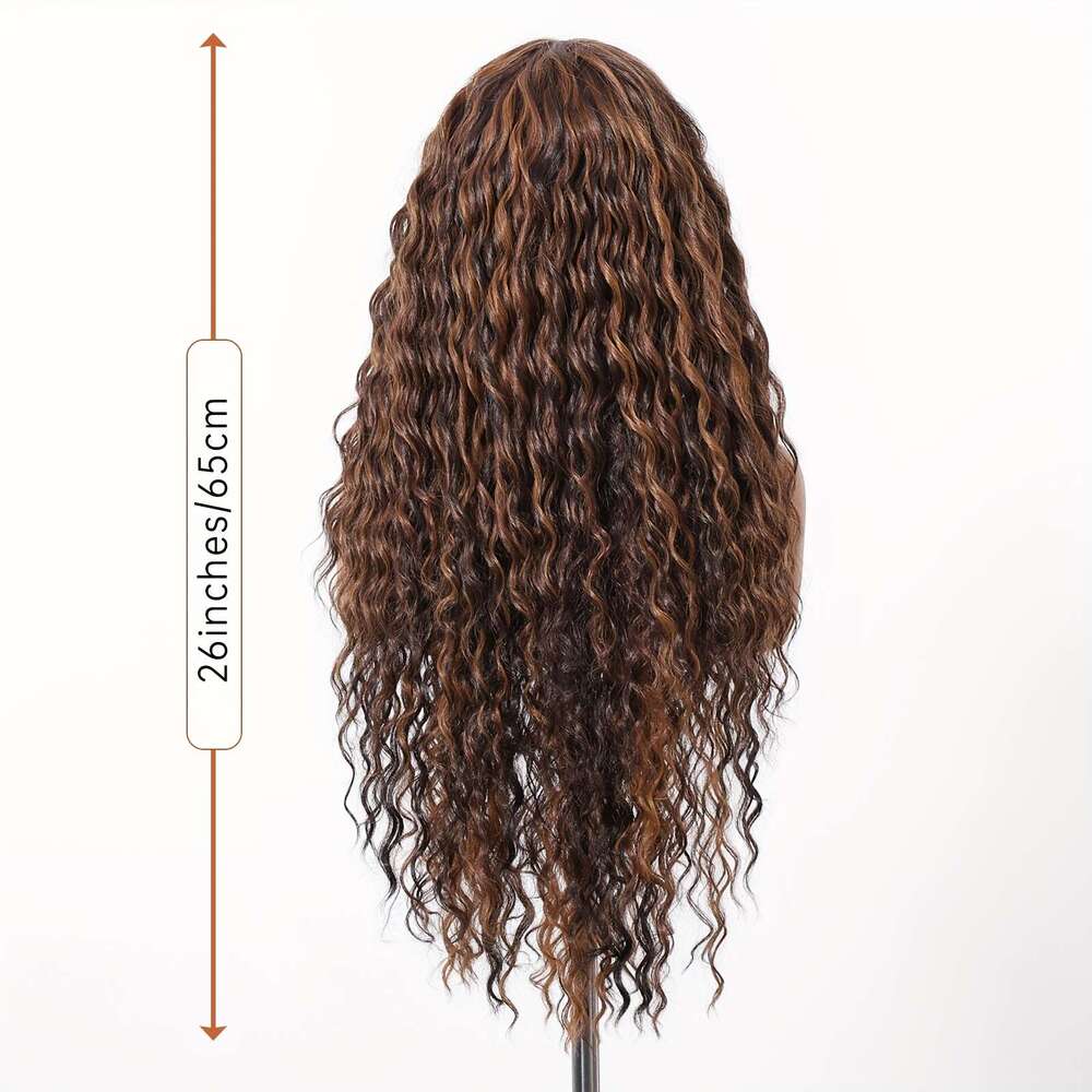13X6 HD Transparent Front 26Inch Highlight Brown Curly Wave Synthetic Glueless Lace Wig High Temperature Chemical Fiber Daily Wear&Christmas&Music