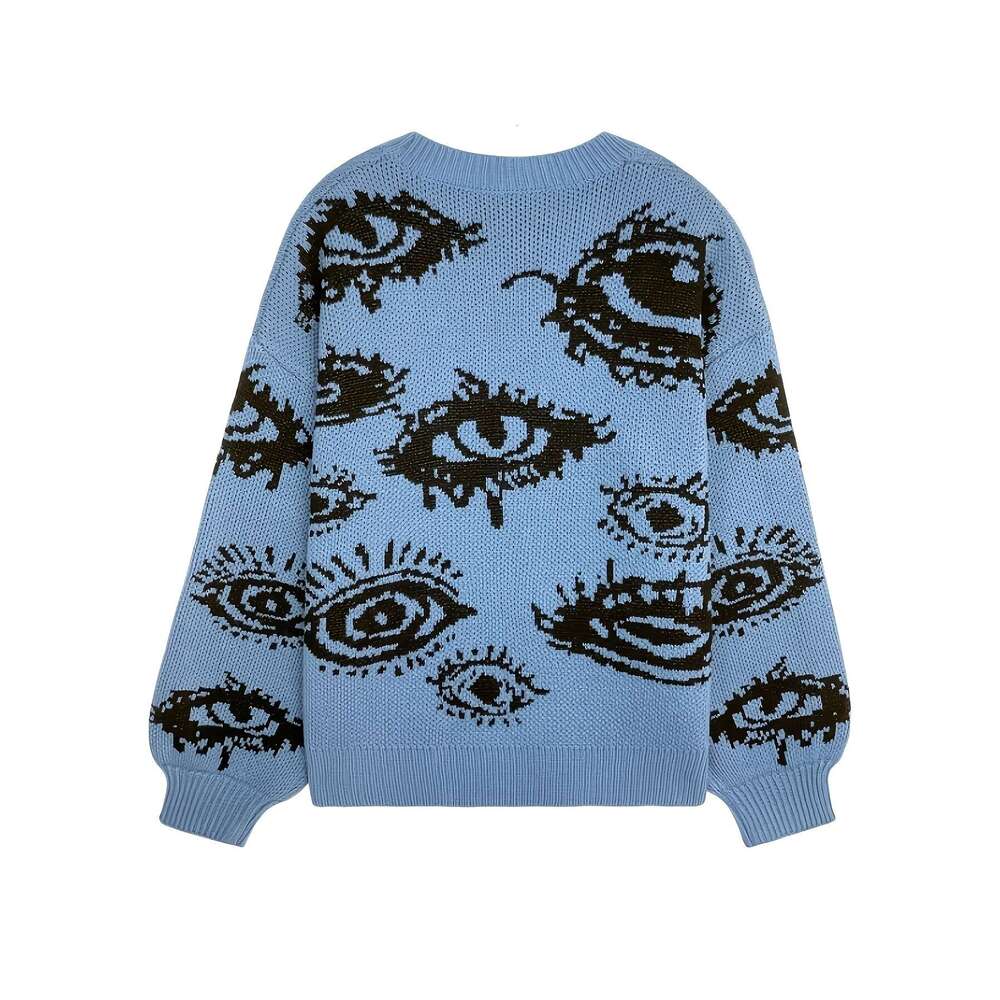 Women's Y2k Punk Eye Print Loose-Fit Long Sleeve Sweater - Black White Top, Round Neck Casual Streetwear For Fall & Winter, Autumn Winter Apparel