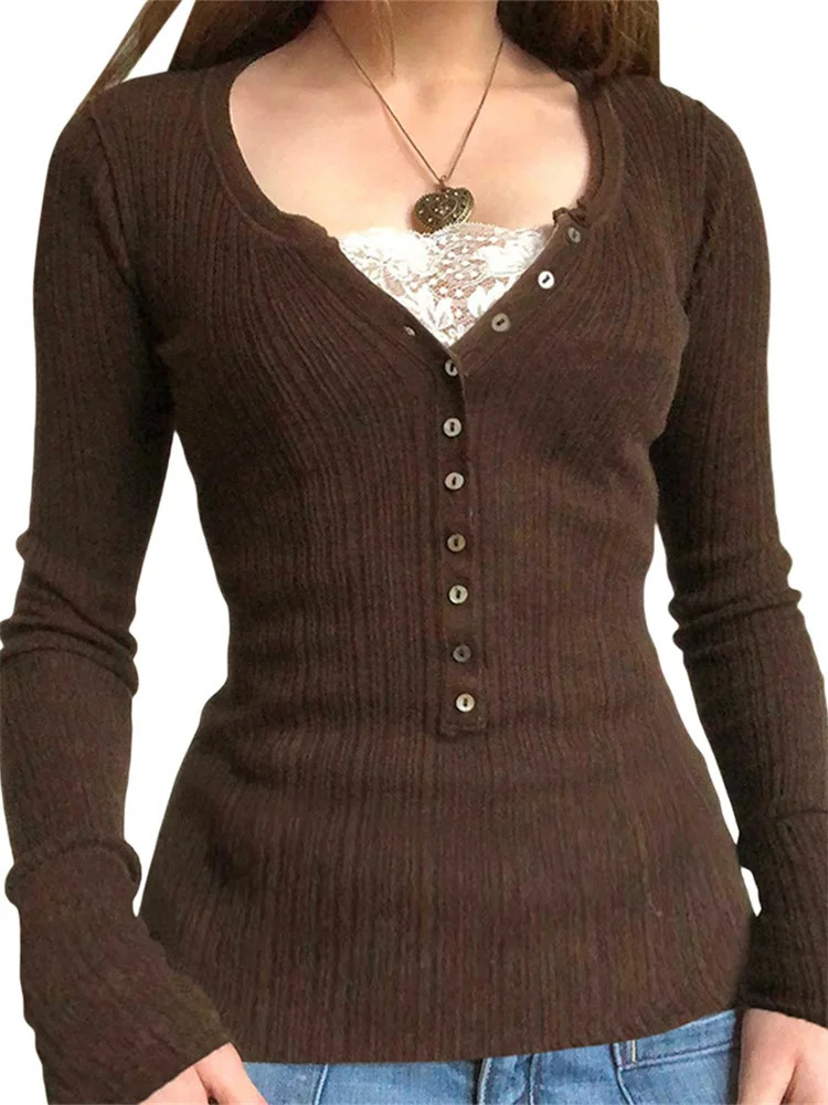 Women Button Front Knit Tops Long Sleeve Lace Patchwork Slim Fit Sweater Fall Fairy Grunge Gothic Y2K Clothes 251027