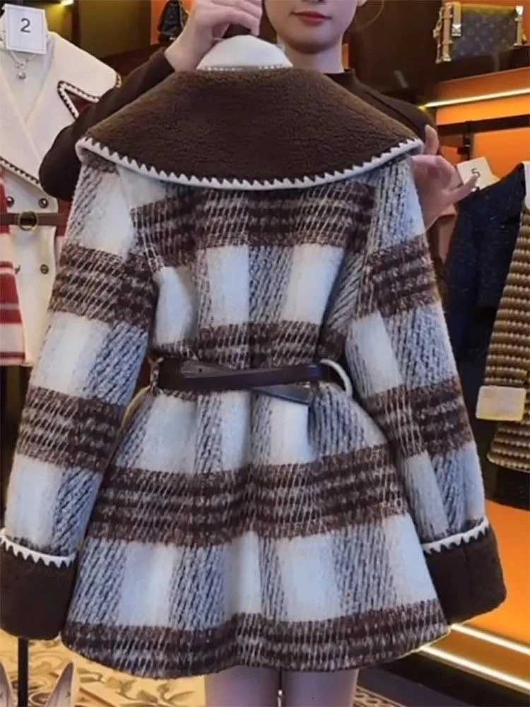 Cotton Padded Lined Plaid Woolen Coats Spliced Korean Fashion Elegant Woolen Jackets Abrigos Tops Vintage Women Veste Outerwears M251027