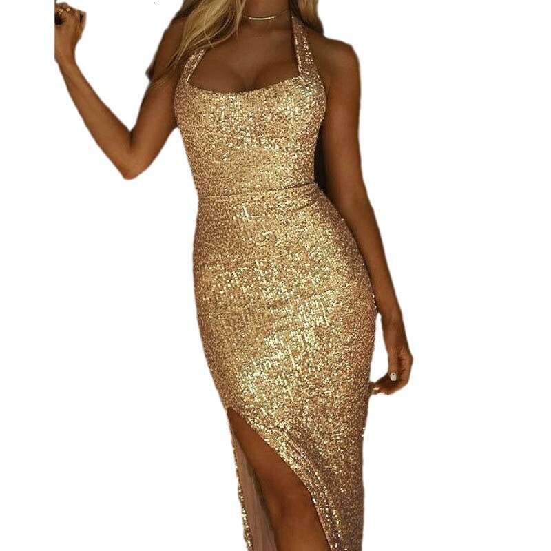 2025 Autumn New Women's Gold Halter Design Neck Split Sequin Sexy Party Evening Dress