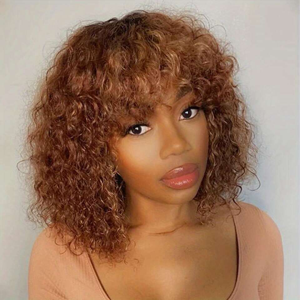 100% Brazilian Human Hair Wig - Ombre Brown Jerry Bob Bangs, Short Pixie Cut & Curly Wave, 150% Density Hairpiece For Men &, Rose Net Compatible With 