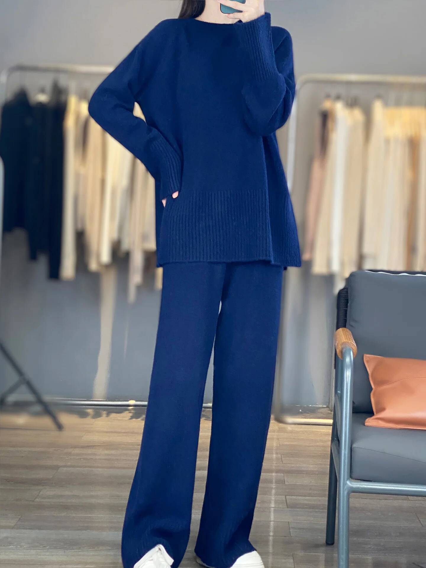 Autumn And Winter Round Neck Thickened Split Thread Knitted Sweater Wide Leg Pants Two-Piece Women's Loose Cashmere Suit
