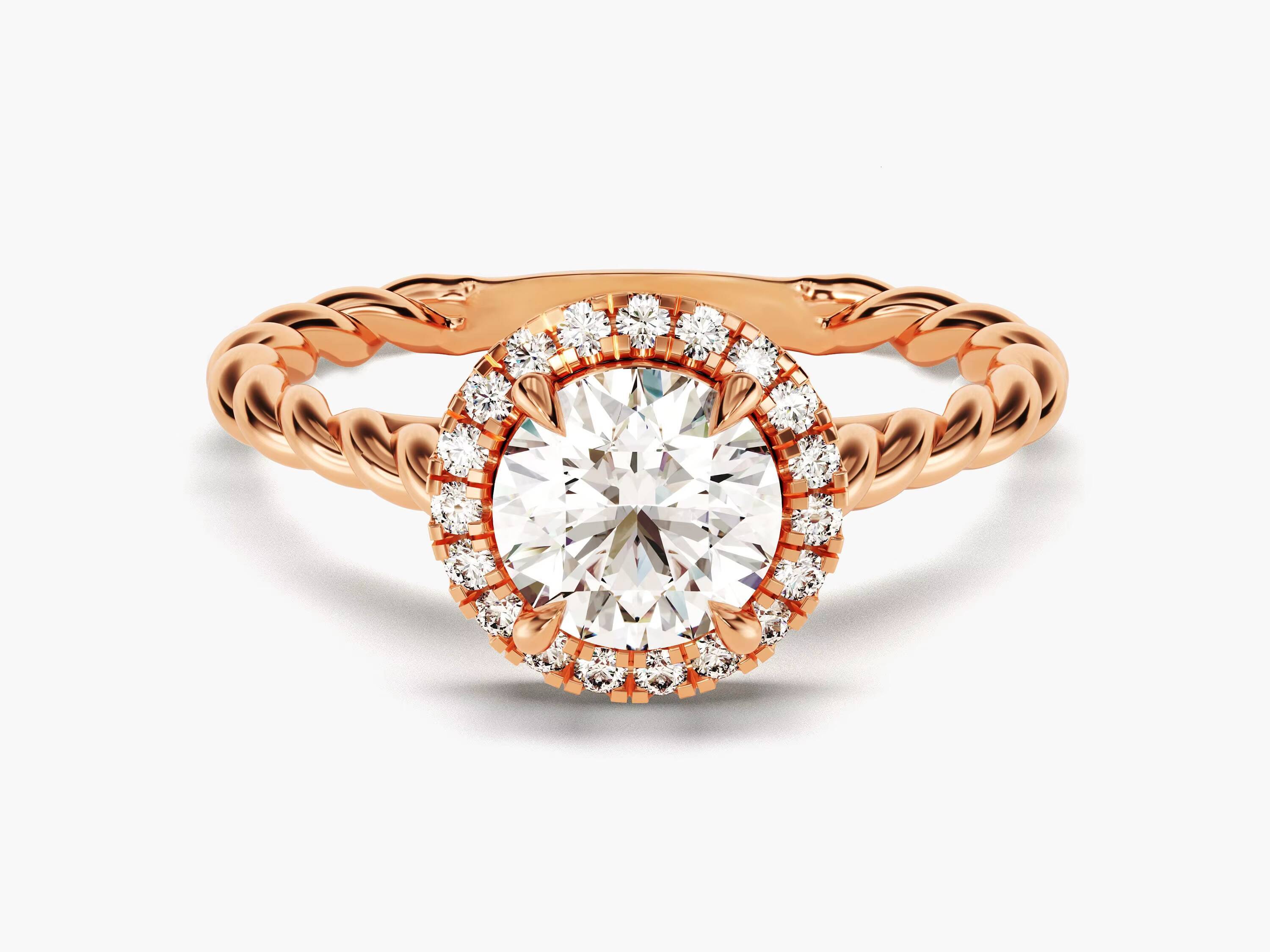 Halo Diamond Engagement Ring 14k 18k Solid Gold Promise Ring Twisted Rope Brilliant Round Lab Diamond Ring